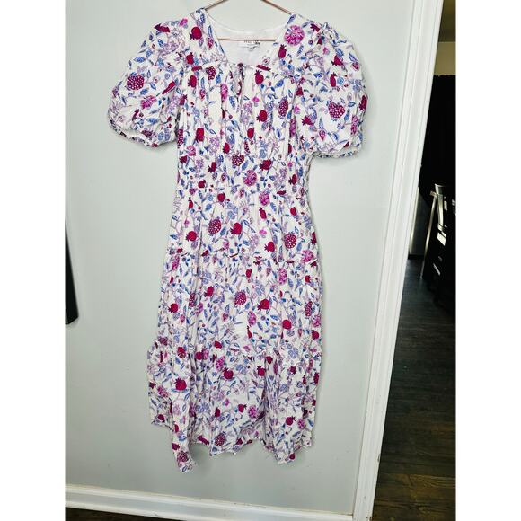 DEREK LAM COLLECTIVE White Purple Pink Floral Smocked Puff Sleeve Dress Size 48 - Picture 5 of 12